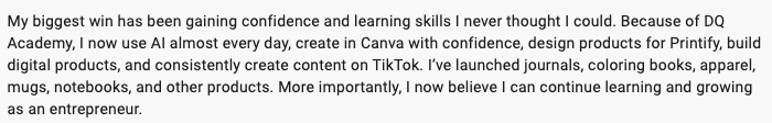 DQ Academy member sharing how she gained confidence and new digital product skills